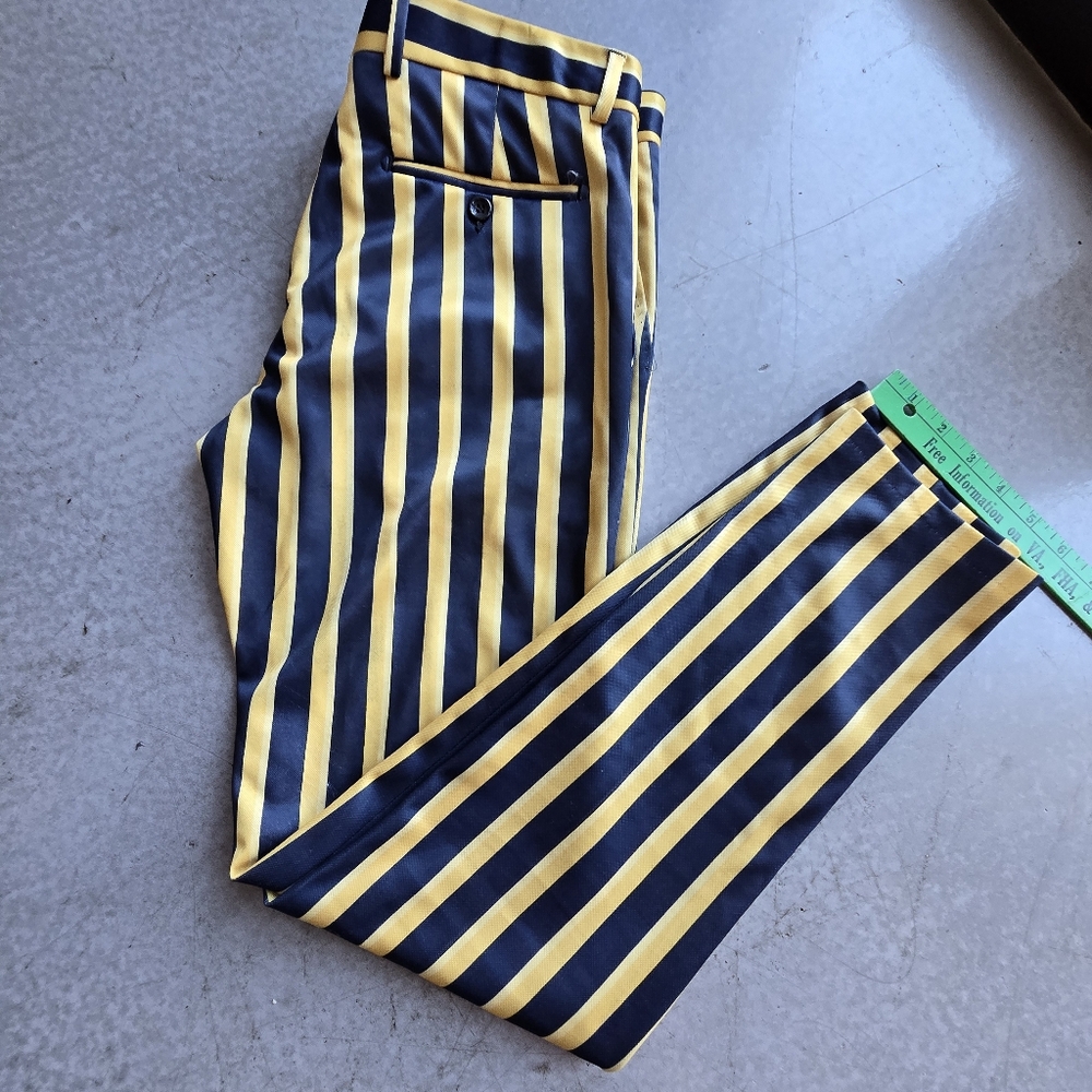 DJ PLUS Menswear slim fit dress pants, navy/yellow vertical stripes size 32